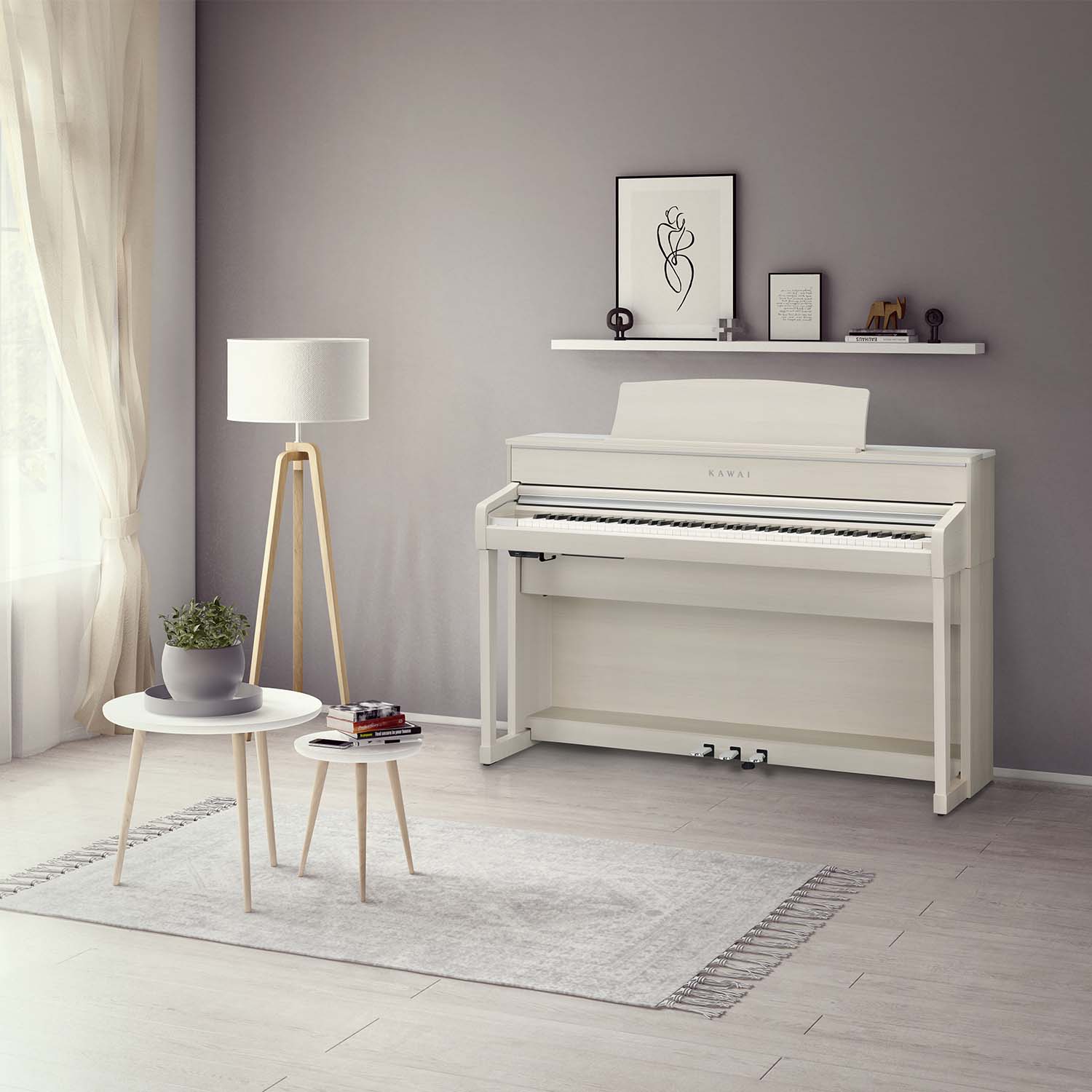 Xem chi tiết đàn piano điện Kawai CA701 WH Đàn piano điện Kawai CA701 WH màu trắng trong phòng khách hiện đại, sang trọng và tối giản
