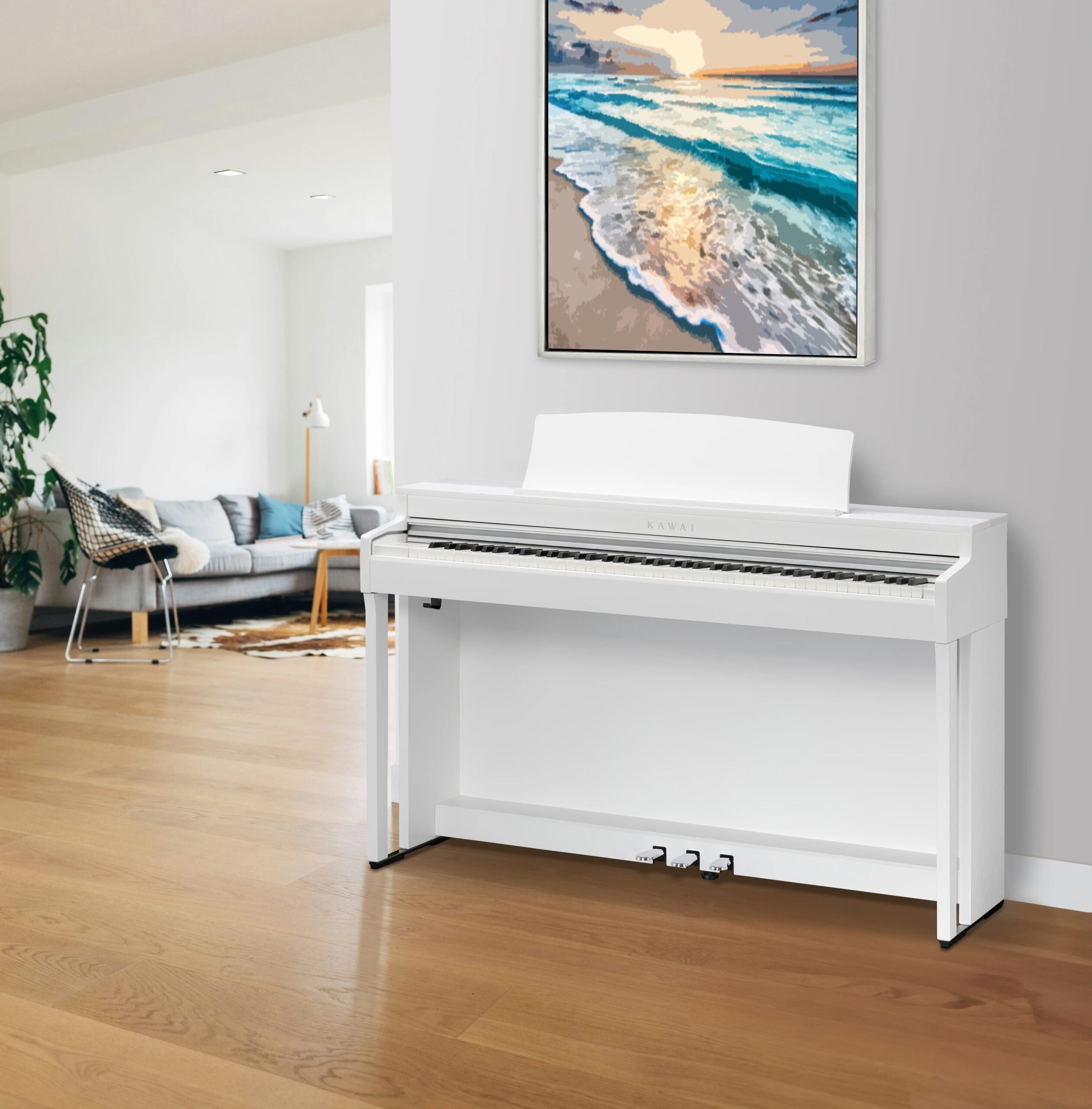 hình ảnh đàn piano điện Kawai CN 301 WH trong một căn phòng hiện đại