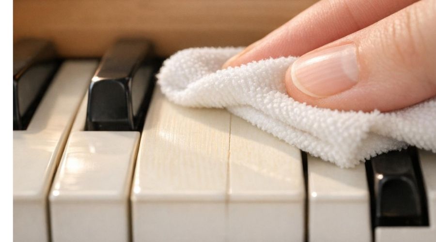 Lau từng phím một theo chiều dọc từ trên xuống rồi lau khô lại